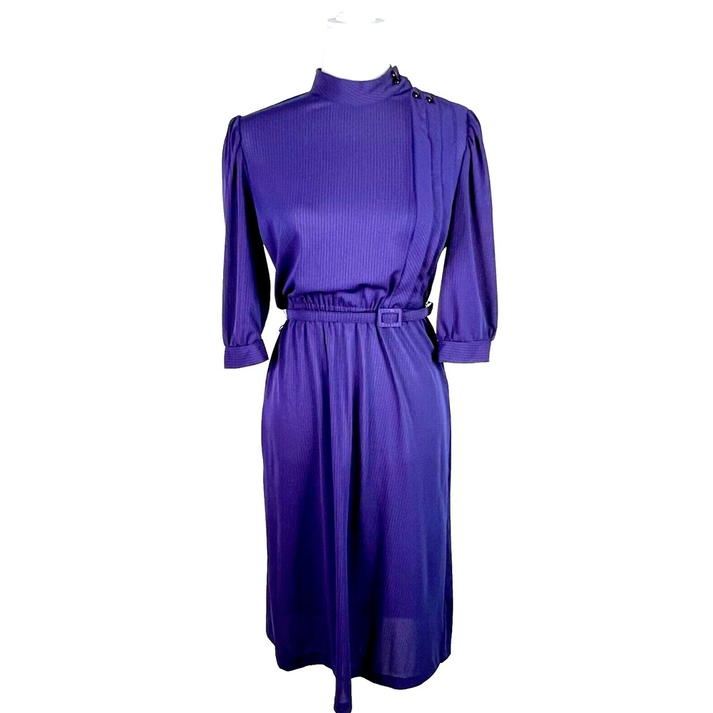 Vintage 80s Secretary Midi Dress Womens Size 10 Purple Pinstripe‎ Belted